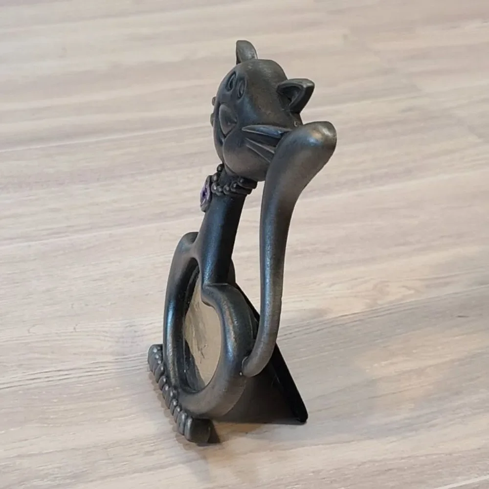 Metal Cat Picture Frame Silver Pewter Holder Purple Heart Accent Pet Decor Gift